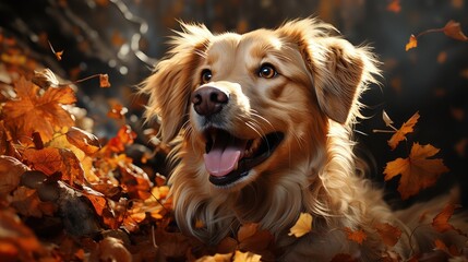 A golden retriever enjoying the autumn leaves