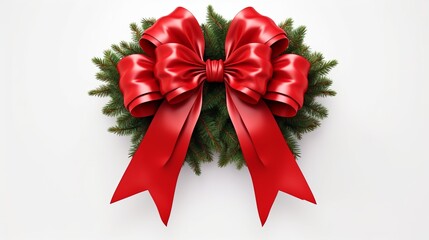 A Christmas wreath with a red ribbon bow on a white background.