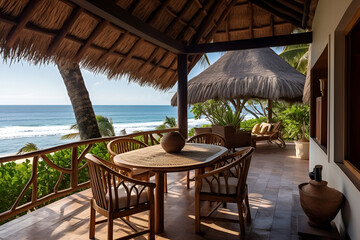 Outdoor cozy terrace of a bungalow on the ocean, relaxing atmosphere for a good rest surrounded by natural beauty