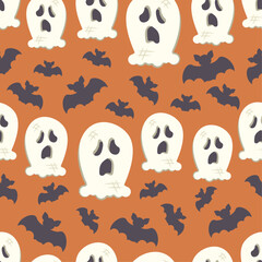 Obraz premium Halloween Seamless pattern. Repeated holiday print. Hand drawn doodle character. Cute spooky ghosts and silhouette of bat. Autumn holiday of dead. Printable texture background. Vector illustration