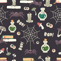 Happy Halloween. Seamless pattern with hand drawn spell book, spider, magic potion, candle, poisonous mushroom, spooky eyes. Autumn holiday. Printable texture background. Vector Cartoon illustration