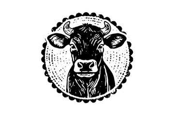 Black cow head logotype for meat industry or farmers market hand drawn stamp effect vector illustration.
