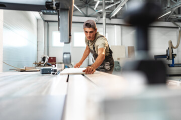 Young carpenter cutting a piece of wood in using a circular saw in furniture factory