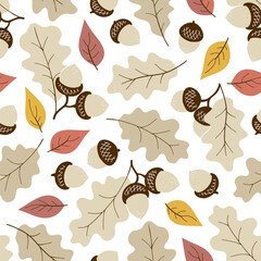 Autumn seamless pattern with acorns and leaf fall, flat.