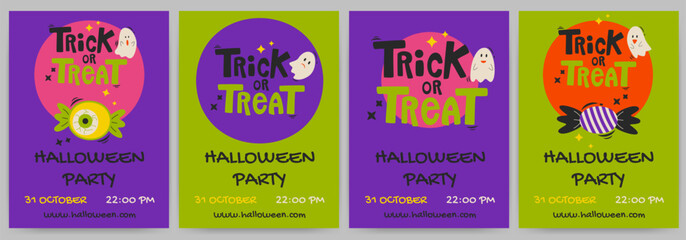 Halloween party. Greeting cards or posters set with calligraphy, trick or treat.