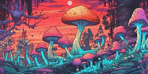 Colorful playful forest scene with mushrooms