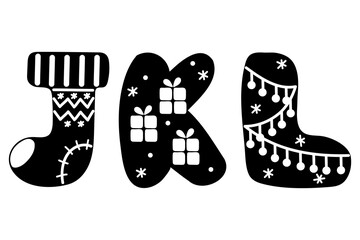 Winter English alphabet. J K L letters in scandinavian style. black and white lettering for christmas and new year card