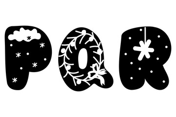 Winter English alphabet. P Q R letters in scandinavian style. black and white lettering for christmas and new year card