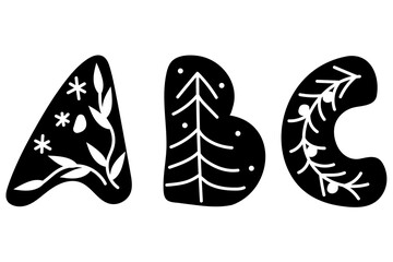 Winter English alphabet. ABC letters in scandinavian style. black and white lettering for christmas and new year card