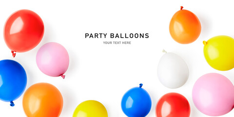 Colorful party balloons frame border isolated on white background.