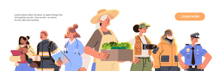 different occupation people diverse workers of various professions and specialists standing together happy labor day celebration concept