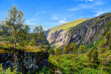 Fototapeta na wymiar The Måbødalen valley in the municipality of Eidfjord with a famous waterfall Vøringsfossen (English: Vøring Falls). Norway.