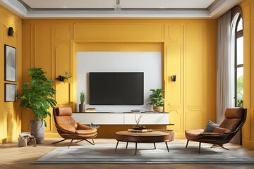 Modern living room with tv and yellow wall