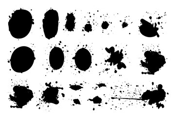 Grunge ink black paint splotch. Splash of paints, spray drops staining and frame with wet paint drop vector set.