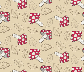 Seamless pattern with fly agarics and leaf fall, lineart.
