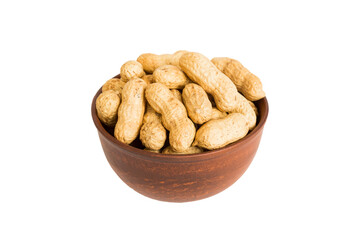 Roasted shell peanuts in bowl isolated on white background. shell peanuts is snack or raw of cook. Healthy food concept