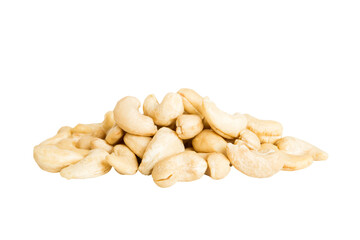 pile cashew nuts isolated on white background, top view. Flat lay Healthy food concept
