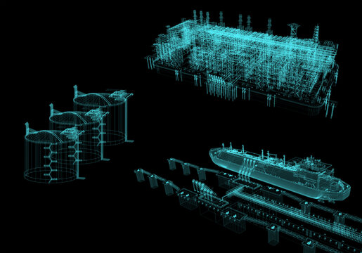 A set of neon schemes of LNG facilities. LNG plant based on gravity type, berth with gas carrier, gas storage tanks. 3d rendering