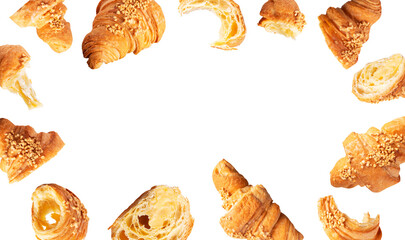 Creative bakery food background, croissant sprinkled with nuts. Cut out flying whole and broken fresh croissant with butter cream isolated on white background. With clipping path