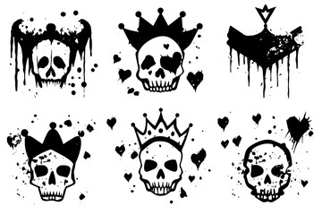 Set of hand drawn sketch grunge ink graphiti doodle scull and crown. Tattoo collection. Vector illustration pack.