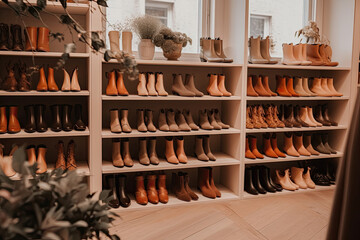A trendy shoe store with a varied collection of stylish shoes.