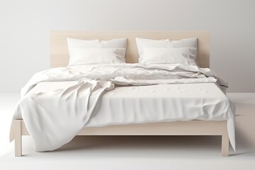 A cozy white bed that creates comfort and relaxation. Crumpled duvets and soft pillows decorate the modern bedroom.