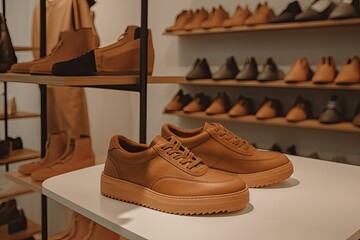 Stylish brown shoes in a boutique, modern in design and elegant in style.