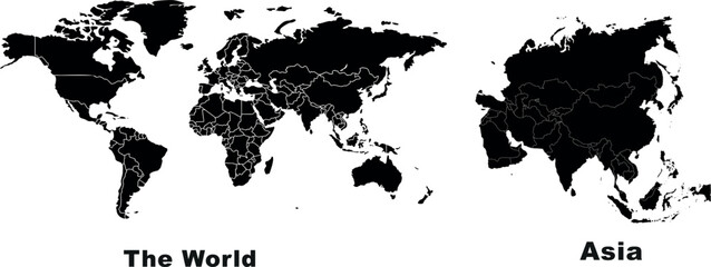 World map, Asia map vector illustration. Black and white, simple, flat style. No labels or borders