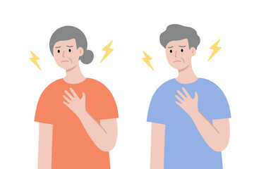 Obraz premium Set of sick elder man and woman suffering from heartache and holding heart. Healthcare, medical, disease concept. Flat people character vector design isolated on white background.