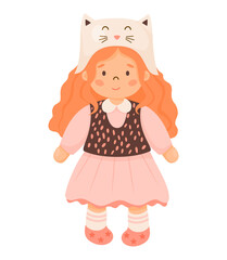 Children toy doll. Cute curly girl with long red hair in funny cat hat in pink dress. Vector illustration in cartoon style. kids collection.