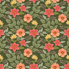 Beautiful blooming flowers design on green color background seamless pattern. Can be used for fabric textile wallpaper.