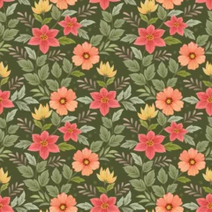 Selbstklebende Fototapeten Beautiful blooming flowers design on green color background seamless pattern. Can be used for fabric textile wallpaper. © teerawat