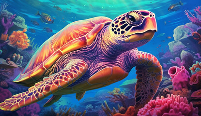 Fototapeta premium Aquatic Marvels: Colorful Realistic Illustration of Turtles in their Underwater Habitat, Generative AI