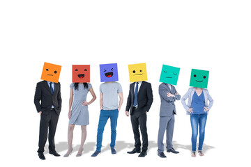 Obraz premium Digital png photo of people wearing different expression box on heads on transparent background