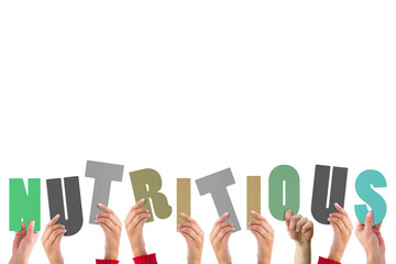 Digital png illustration of hands holding nutritious text on transparent background