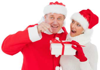 Digital png photo of smiling caucasian couple wearing santa claus costumes on transparent background