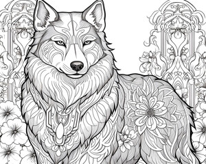 Wolf mandala  black and white coloring pages, Wolf Sketch Stock,  Wolf coloring coloring book, A black and white drawing of a wolf with a stained background, generative Ai