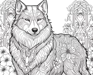 Draagtas Wolf mandala  black and white coloring pages, Wolf Sketch Stock,  Wolf coloring coloring book, A black and white drawing of a wolf with a stained background, generative Ai © Mustafa