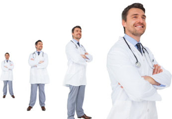 Digital png photo of smiling caucasian male doctor in perspective on transparent background