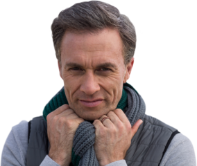 Digital png photo of caucasian man holding hands on scarf on transparent background