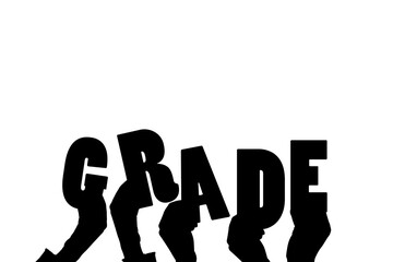Digital png illustration of hand holding grade text on transparent background