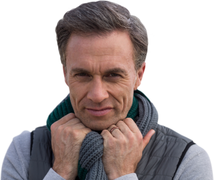 Digital png photo of caucasian man holding hands on scarf on transparent background - Powered by Adobe