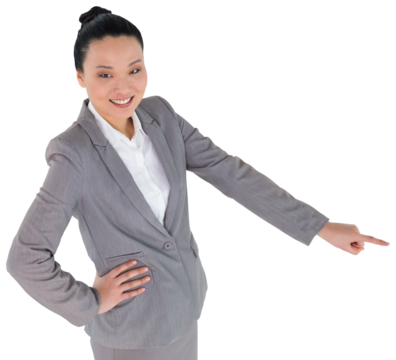 Digital png photo of smiling biracial businesswoman pointing on transparent background - Powered by Adobe
