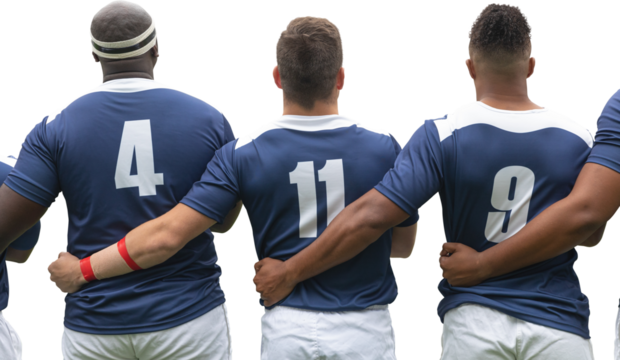 Digital png photo of diverse rugby players embracing on transparent background