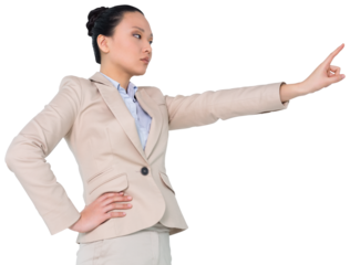 Digital png photo of asian businesswoman pointing with finger on transparent background