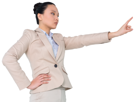 Digital png photo of asian businesswoman pointing with finger on transparent background
