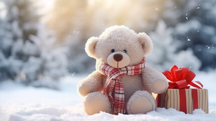 Christmas card. cute teddy bear with gifts under the Christmas tree in the snow against the backdrop of a winter forest on a sunny day, legal AI