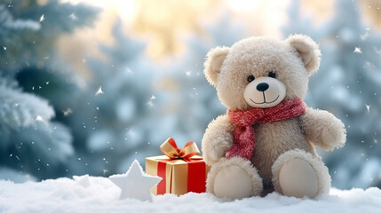 Christmas card. cute teddy bear with a gift on the background of the winter forest, legal AI