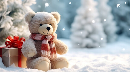 beautiful christmas card. a cute teddy bear with a gift sits in the snow under a Christmas tree against the backdrop of a winter forest, legal AI