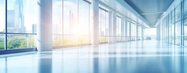 modern empty office building with large panoramic windows under the morning sun, legal AI